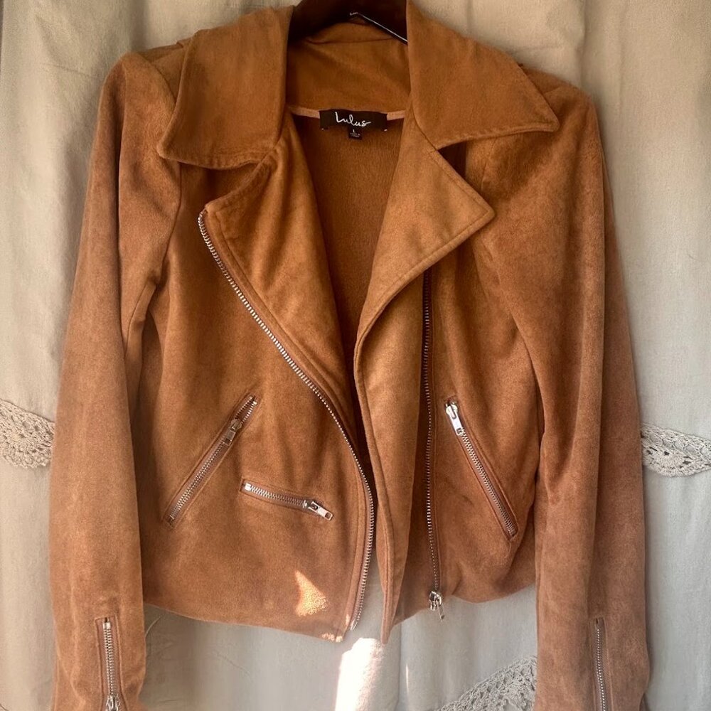 Lulus Womens Suede with Love Tan Suede Moto Jacket Coat Large